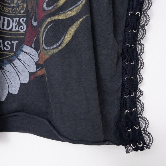 NEW Affliction Speed to Burn Graphic Biker Moto Tee L Black Lace Sheer Grommet - Picture 5 of 9